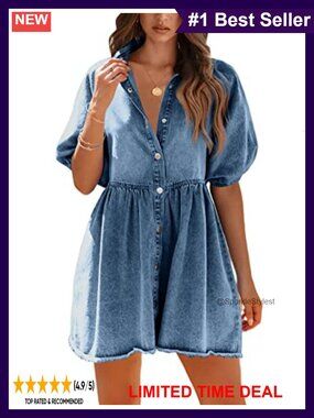 Denim Babydoll Dress Puff Sleeve Frayed Hem Mini Summer Jean Dress
